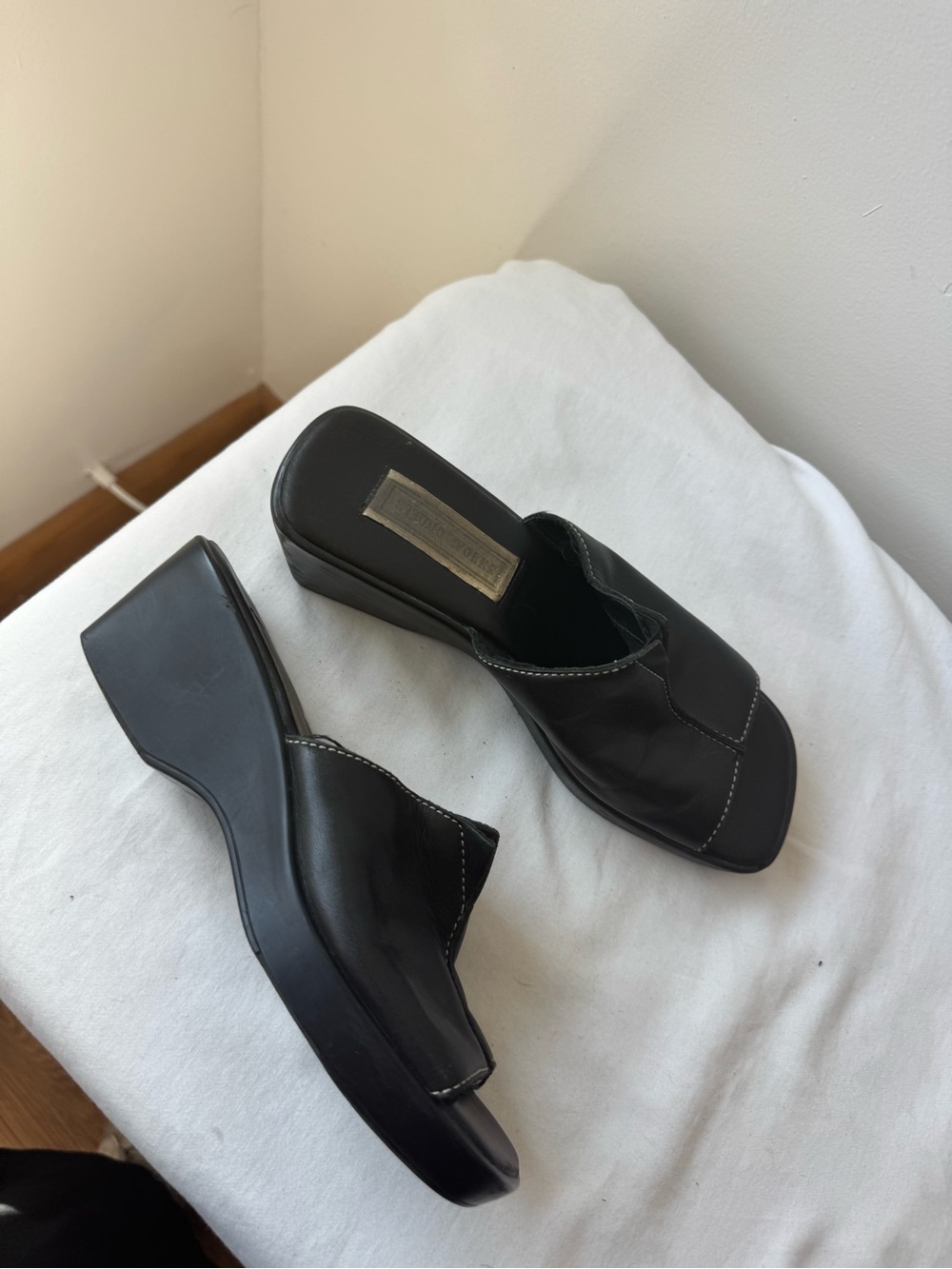 Studio Works Vintage Y2K Black Platform Wedge Slide Sandals Size 7